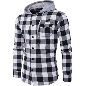 Mode Plaid Hooded Denim Shirt Slim Fit Mannen Dress Shirts Check Plaid Lange Mouw Heren Casual Shirt Bussiness Sociale chemise