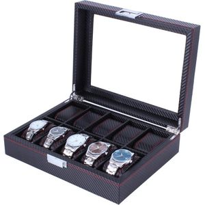 Hoge Carbon Fiber 5 6 10 12 Grid Horloge Doos Display Opbergdoos Armband Horloge Display Slots Case Houder opslag Container