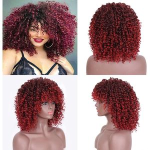 Nnzes Afro Pruiken 14Inch Kinky Krullend Pruik Rode Pruik Met Pony Hittebestendige Vezel Synthetische Pruiken Voor Zwarte Vrouwen cosplay Vrouwen