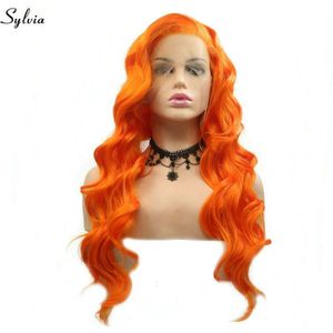 Sylvia Natuurlijke Haarlijn Zijscheiding Helder Oranje Lange Haar Hoge Temperatuur Synthetische Lace Front Pruiken voor Meisjes Feestdagen Cosplay