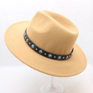 SUOGRY Effen Kleur Trend Mannen Vrouwen Wolvilt Panama Hat Fedora CAPS Lederen Band Blue pearl Patroon Vilten Hoeden