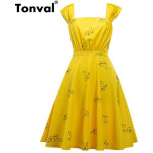 Tonval Vintage Print Gele Jurk Casual Zomer Vrouwen Cap Mouwen Leuke Jurken Vierkante Kraag Backless Elegante Skater Jurk