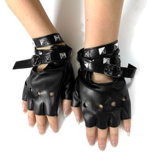 Vrouwen punk Lederen handschoenen Studded Metal Band Vingerloze Handschoenen