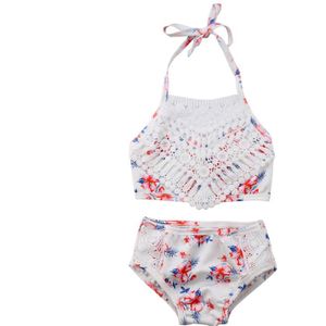 2 Stks Meisjes Twee Stukken Bikini Peuter Meisje Hol Kant Badmode Bloemen Printing Badpak Bikini Outfits Badpak Set