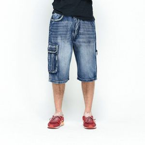 Mens Plus Size Losse Baggy Denim Korte Jeans Streetwear Hip Hop Lange 3/4 Capri Cargo Shorts Pocket Bermuda mannelijke Blauw