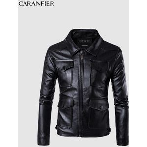 CARANFIER Heren Lederen Jassen Vintage Multi-Zakken Motorfiets Biker Jassen Klassieke Overjas Slim Fit Bovenkleding Casaco Masculino