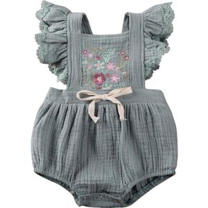 Bloemen Embrodery Baby Bodysuit 0-18M Pasgeboren Baby Meisje Zomer Bloem Kant Fly Mouw Jumpsuit Katoen linnen Outfit