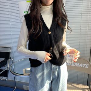 Trui Vest Vrouwen Korte Mouwloze Single Breasted Button Breien V-hals Effen Koreaanse Trendy Losse Womens Leisure