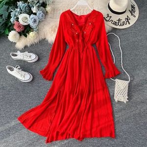 mode vrouwen kleding volwassen Nationale stijl wijn rode tour temperament split V-hals katoen en linnen jurk
