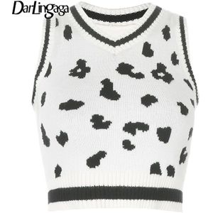 Darlingaga V-hals Animal Koe Print Truien Trui Vest Vintage Y2k Top Jumper Mouwloze Trui Zwart Wit Truien