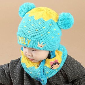 Doitbest 1 tot 4 jaar oud Korea MOOIE crown plus fluwelen kids mutsen jongens Gebreide hoeden winter 2 stks baby meisje sjaal hoed set
