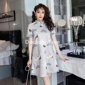 Chinese Jurk Elegante Vrouwen Satijn Qipao Korte Mouw Jurk Traditionele Chinese Stijl Opstaande Kraag Cheongsam Vestidos