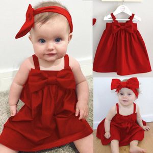 Leuke Baby Meisjes Zomer Zonnejurk Strik Korte Mini Vest Jurk Peuter Kinderen Katoen Casual Jurken Mouwloze Outfit Rood & Geel