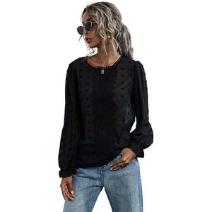 Benuynffy Ronde Hals Kant Patchwork Zwitserse Dot See Through Blouse Vrouwen Lente Zomer Lange Mouwen Zwart Tops Blouses