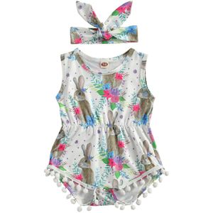 Citgeett Zomer Pasen Baby Meisjes Outfits Leuke Konijn Bloemenprint Mouwloze Bodysuit Hoofdband 2 Stuks Kleding Set