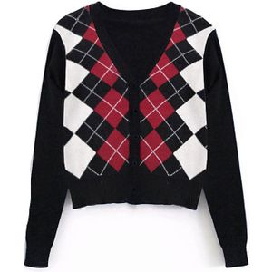 Vintage Stijlvolle Geometrische Rhombic Vest Trui Vrouwen Mode Herfst Warm Lange Mouwen Bovenkleding Chic Sueter Mujer Tops