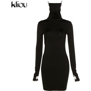 Kliou Masker Brief Borduurwerk Mini Bodycon Jurken Voor Vrouwen Fall Streetwear Coltrui Effen Vrouwelijke Платье Outfits