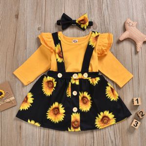 Pasgeboren Kids Baby Girl 2 STUKS Sets Bloemen Zonnebloemen Kleding Jumpsuit Romper Body Pak Bretels Rok Outfit Set Zonnejurk