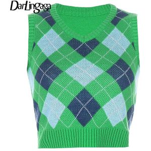 Darlingaga Argyle Plaid Slanke Y2k Gebreide Trui Vest Mode Mouwloze Cropped Tank Tops Trui Basic Vrouw Truien Herfst