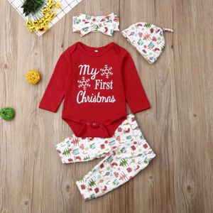 Mijn Eerste Kerst Gedrukt Body Tops + Broek + Hoofdband + Hoed 4cps Outfits Set Voor Pasgeboren Baby Meisjes jongen Unisex Kleding