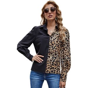 Benuynffy Kraag Luipaard Print Colorblock Shirt Vrouwen Been-Van-Schapenvlees Mouwen Up Elegante Dames Tops En blouses