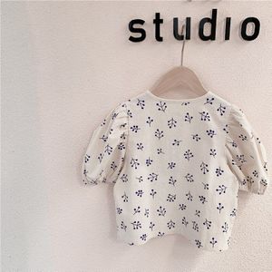 Japanse Stijl Meisjes Puff Mouwen Bloemen Shirts 2022 Linnen Losse Single-Breasted Afdrukken Shirt Kleding