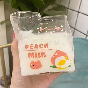 380Ml Kawaii Melk Glas Cup Creatieve Vierkante Clear Melk Karton Water Fles Leuke Fruit Hittebestendige Ontbijt Kopjes