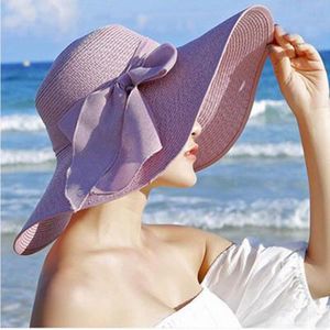 Vrouwen Grote Rand Strooien Hoed Zon Floppy Wide Brim Hoeden Strik Vouwen Strand Cap Comfortabele Stof Ademend Hoed Czapka