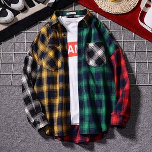 Jddton Mannen Plaid Shirt Lange Mouw Casual Man Stiksels Kleur Overhemd Patchwork Kleding Streetwear Mannelijke Losse Dunne Blouse JE396