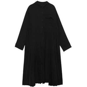 [Eam] Vrouwen Zwarte Geplooide Big Size Lange Shirt Jurk Revers Lange Mouwen Losse Fit Tij Voorjaar herfst 1DB482