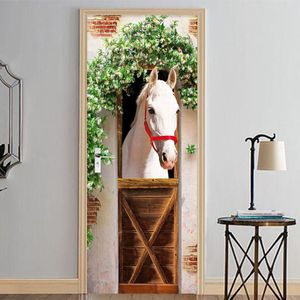 Moderne Creatieve Deur Sticker 3D Behang Wit Paard Woonkamer Slaapkamer Muur Sticker PVC Zelfklevende Waterdichte Home Decor