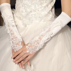 Goedkope Kralen Appliques Bruids Handschoenen Elleboog Lengte Parels Vingerloze Ivoor Witte Bruids Handschoenen