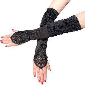 Mode Vrouwen Kant Lange Handschoenen Zwart Kralen Stretch Vingerloze Geborduurde Vrouwelijke Handschoenen Retro Gothic Party Kostuums