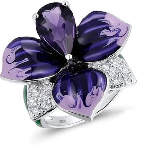 100% Zilveren Kleur Prachtige Emaille Ringen Vrouwen Grote Paarse Steen En Deep Purple Enamel Bloem Ring Voor Vrouwen Partij Sieraden