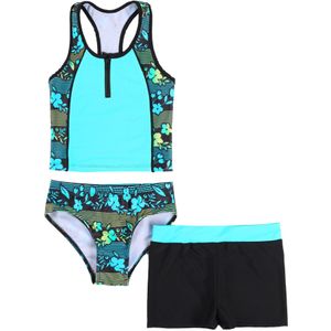 Kids Meisjes Beachwear Badmode Tankini Set 3 Stuk Bloemenprint Mouwloze Racerback Tank Vest Shirt Korte En Bikini Driehoek
