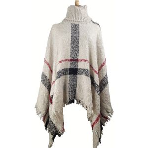 [Visuele Assen] Plus Size Winter Warm Vrouwen Wollen Coltrui Mouwloze Truien Vintage Plaid Gebreide Trui Poncho