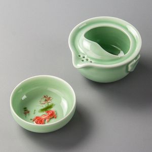 Groene Keramische 3d Karper Gaiwan Thee Set Celadon Elegante Kung Fu Teaset Inclusief 1 Pot 1 Cup, mooie Theepot Waterkoker