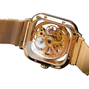 Forsining Mannen Mechanische Horloges Automatische Self-Wind Golden Transparante Mode Mesh Steel Horloge Skeleton Man Mannelijke Uur