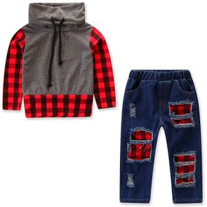 Kerst Herfst Kids Baby Boy Lange Mouwen Plaid Tops Gat Denim Jeans Broek 2 stks Outfits Kleding