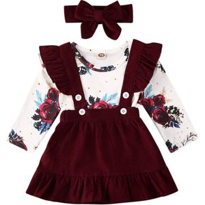 Lente 3 STUKS Baby Baby Meisje Bloemen Outfit Kleding Print Romper + Strap Rokken Jurk Hoofdband Herfst Set