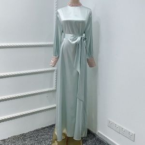 Eid Satijn Kralen Abaya Jurk Moslim Vrouwen Zomer Mode Stand Kraag Lange Mouw Elegante Vintage Lange Maxi Jurk Bescheidenheid