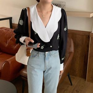 Alien Kitty Vintage Blouses Elegante V-hals Spliced Printing Borduren Koreaanse Katoenen Shirt Vrouwen Lange Mouwen Losse Tops