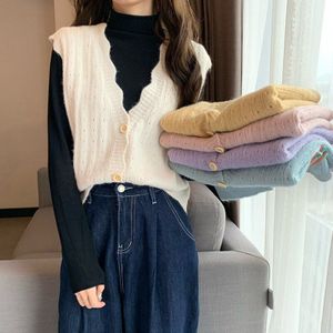 Trui Vest Vrouwen V-hals Single-Breasted Solid Koreaanse Stijl Zoete Alle-Match Casual Mouwloze Womens Chic Eenvoudige Ins mode
