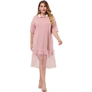 Vrouwen Zomer Roze Jurk Plus Size Korte Mouwen Solid Shirt Jurk Elegante Mesh Patchwork Losse Oversized Dames Tuniek Jurken