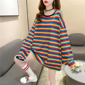 Regenboog Streep T-shirt Lente Herfst Vrouwen Shirts Oversized Lange Mouwen Loose Casual T-shirts Vrouwelijke Koreaanse Tops Ml xl