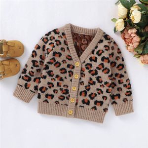 Baby Peuter Meisje Leopard Vest Trui Breien Lange Mouw V Hals Truien Tops Herfst Winter Uitloper Warme Kleding