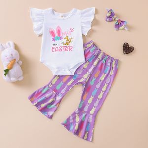 Baby Meisjes Kleding Set Korte Mouw Cartoon Gedrukt Bodysuit Tops + Flare Broek Peuter Baby Kleding 2022 Mijn Eerste Pasen