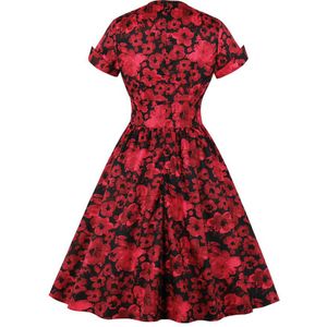 Retro Elegante Rode Jurk Vrouwen Gothic Vintage Bloemenprint Button Pu llover ONS 50s 60s Jurk Avondfeest plus Size 2XL Vestidos