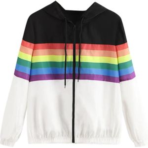 Hxroolrp Vrouwen Lange Mouw Patchwork Hooded sweater Regenboog Print Losse Casual Sport Jas Met Rits Voor Dames Mode