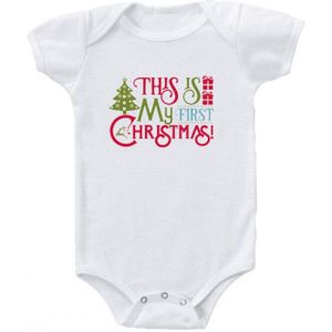 Pasgeboren Baby Meisjes Jongens Korte Mouw Dit Is Mijn Eerste Baby Kerst Brief Print Romper Pak Outfit Kleding Kleding